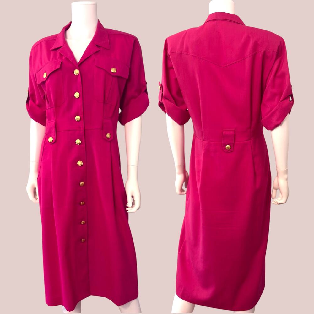 Hot Pink Shirt Dress Size Large Gold Buttons Military Preppy Vtg 80s Stuart Alan